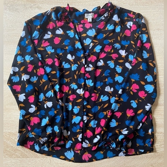 J. Crew Silky Long Sleeve Black Blue Pink Floral Ruffle Button Front Blouse Top - Picture 2 of 7